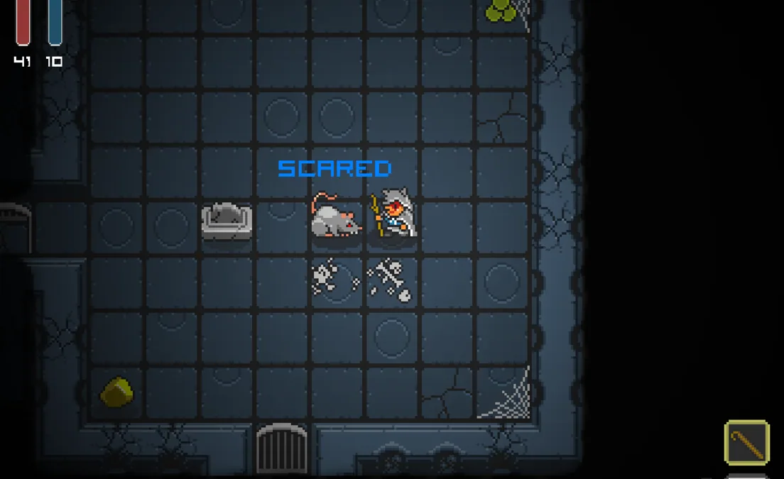 Ecrã de um roguelike de masmorra em pixel-art com corredores e inimigos